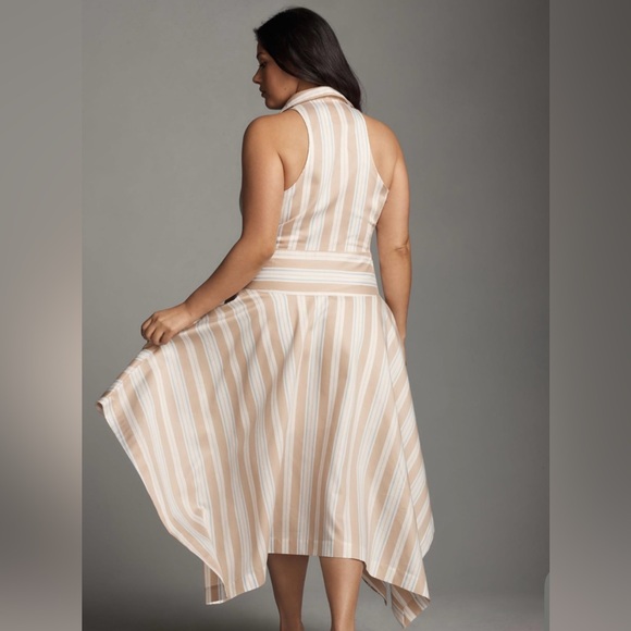 Anthropologie Maeve NWT Tan Striped Asymmetrical Wrap Shirt Dress Size 10 - Picture 2 of 12